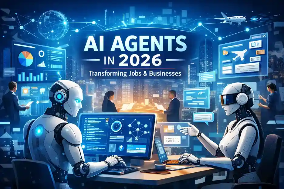 AI agents in 2026 automating business tasks in a futuristic digital workspace environment