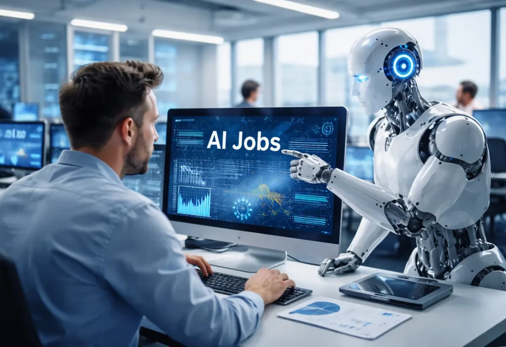 AI jobs future India concept showing human and robot collaboration in modern office workplace