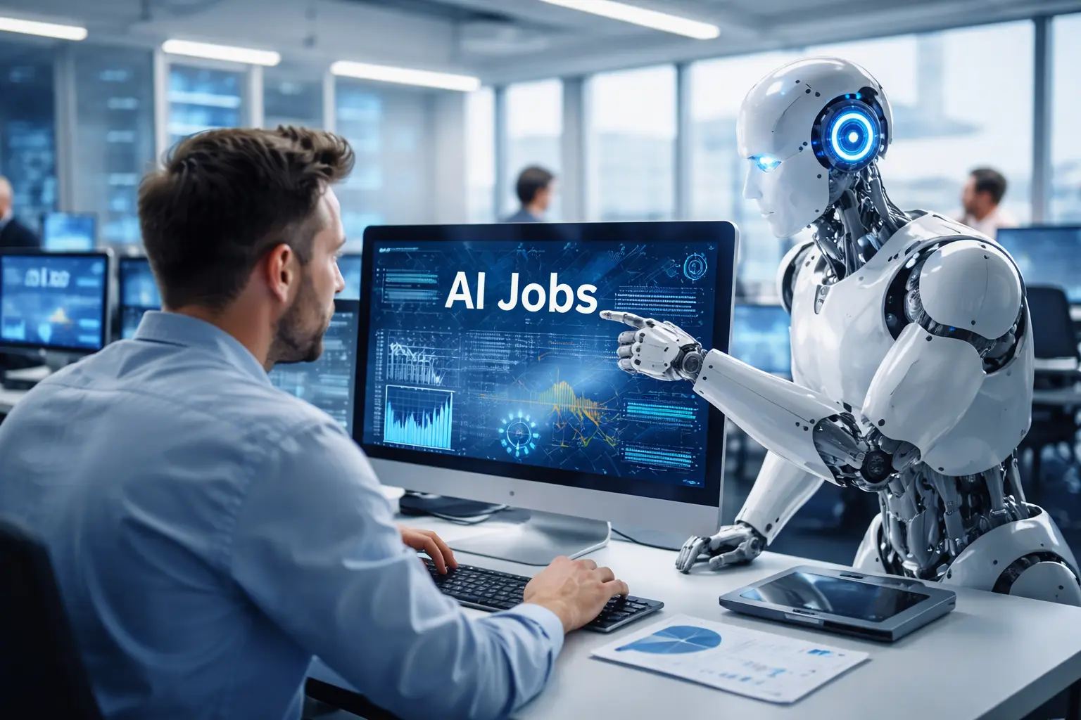 AI jobs future India concept showing human and robot collaboration in modern office workplace