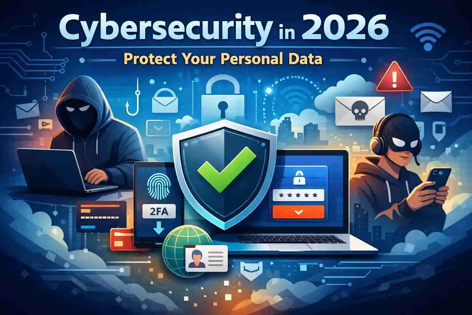 Cybersecurity in 2026 personal data protection and online safety illustration