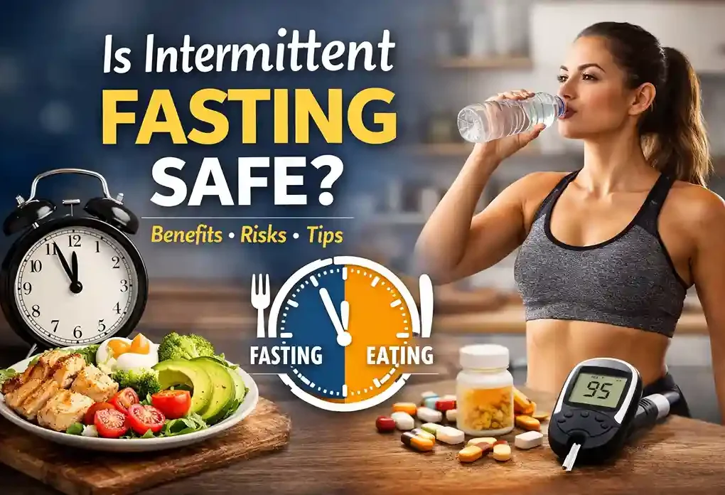 Is intermittent fasting safe? Concept image showing fasting clock, healthy meal, and woman drinking water