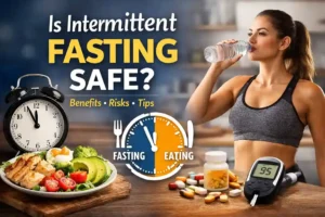 Is intermittent fasting safe? Concept image showing fasting clock, healthy meal, and woman drinking water