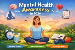 Mental health awareness illustration showing a person meditating to reduce stress and improve emotional well-being in 2026