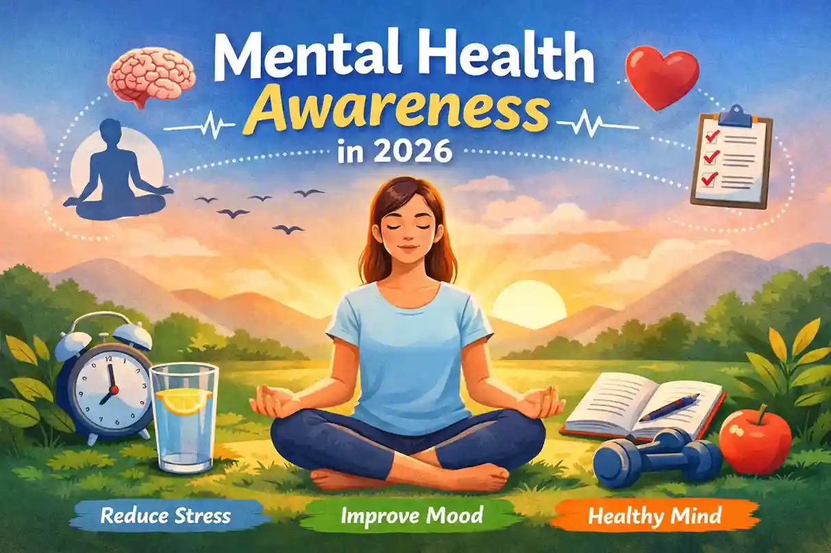 Mental health awareness illustration showing a person meditating to reduce stress and improve emotional well-being in 2026