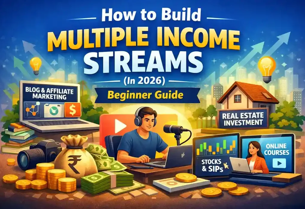 Illustration showing multiple income streams in 2026 including blogging, real estate investment, stocks, SIPs, YouTube, and online courses for beginners.
