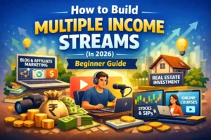 Illustration showing multiple income streams in 2026 including blogging, real estate investment, stocks, SIPs, YouTube, and online courses for beginners.