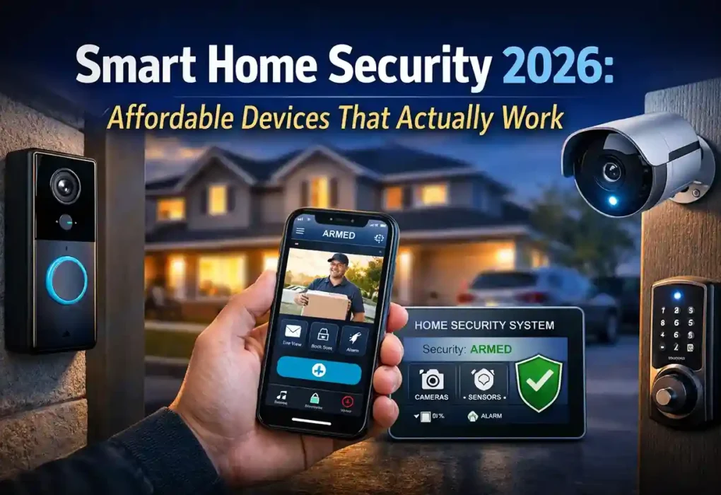 Smart Home Security 2026 featuring video doorbell, outdoor camera, smart lock and mobile security app control