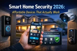 Smart Home Security 2026 featuring video doorbell, outdoor camera, smart lock and mobile security app control