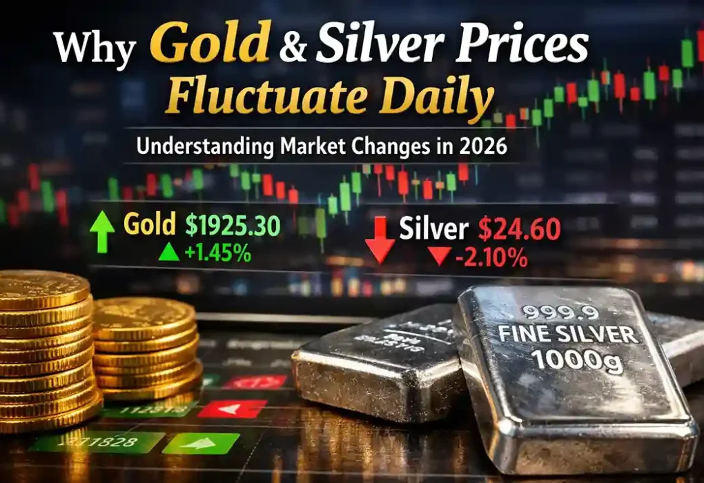 Why gold and silver prices fluctuate daily in 2026 showing gold coins, silver bars and market price chart