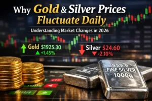 Why gold and silver prices fluctuate daily in 2026 showing gold coins, silver bars and market price chart