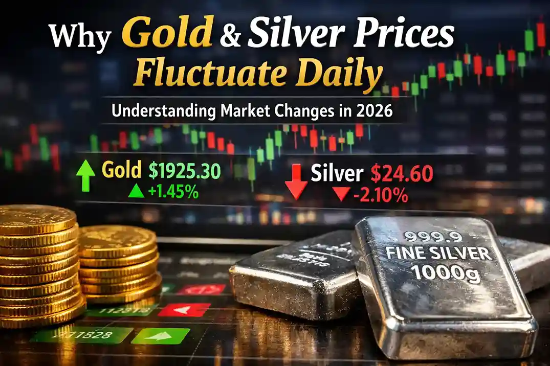 Why gold and silver prices fluctuate daily in 2026 showing gold coins, silver bars and market price chart