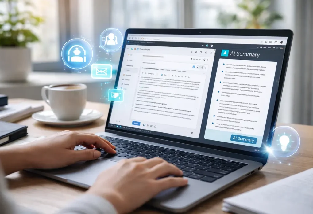AI chrome extension summarizing a webpage on a laptop helping users save time while browsing