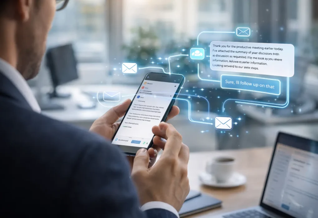 Professional using smartphone AI email assistant that automatically drafts email responses