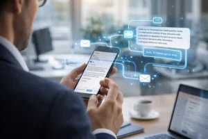 Professional using smartphone AI email assistant that automatically drafts email responses