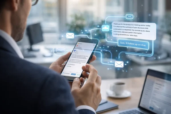 Professional using smartphone AI email assistant that automatically drafts email responses