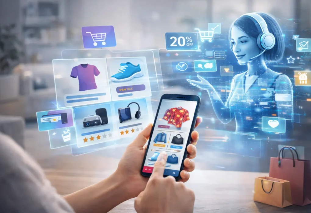 AI personal shopping assistant recommending products to a user on smartphone with holographic ecommerce interface