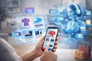 AI personal shopping assistant recommending products to a user on smartphone with holographic ecommerce interface