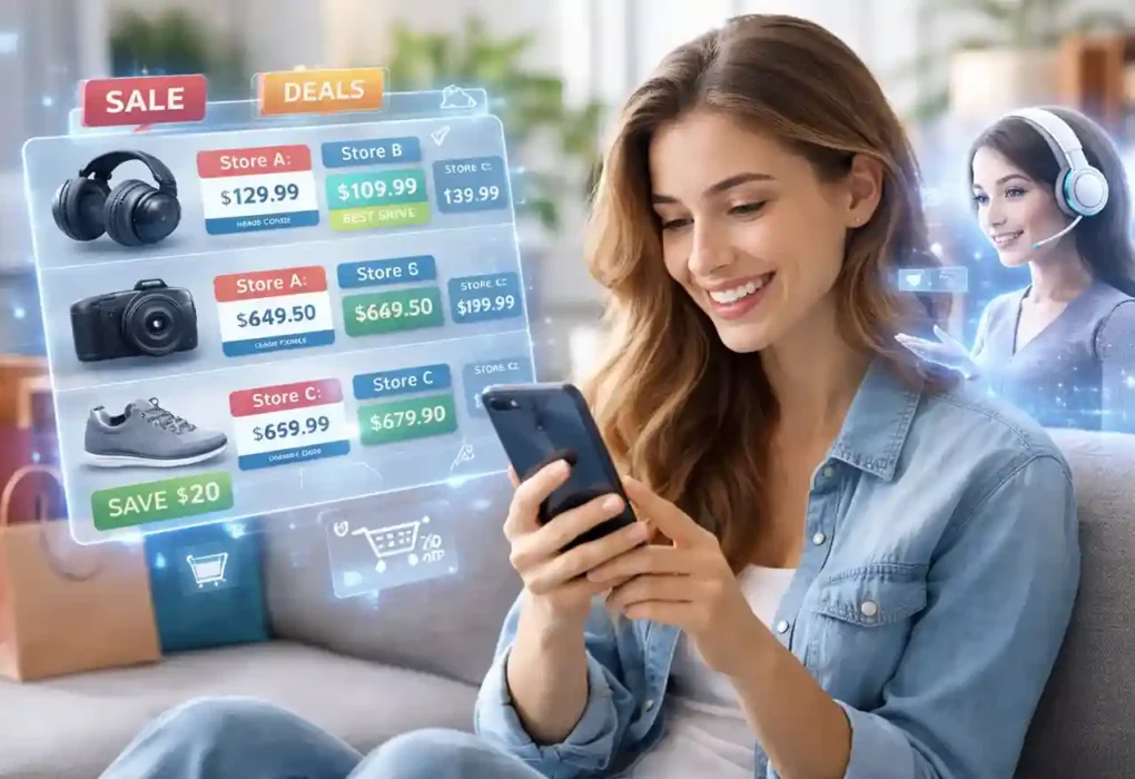 AI price comparison tools helping a shopper find the best product deals on a smartphone using artificial intelligence