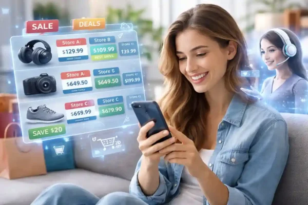 AI price comparison tools helping a shopper find the best product deals on a smartphone using artificial intelligence