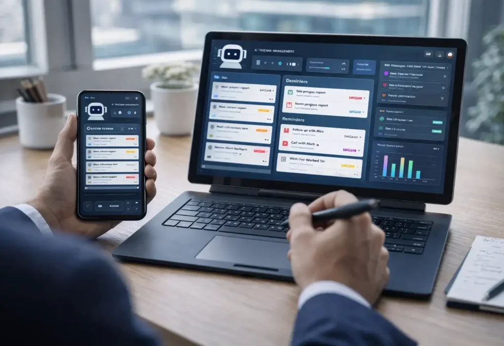 AI task management dashboard organizing work tasks automatically on laptop and smartphone