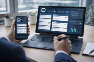 AI task management dashboard organizing work tasks automatically on laptop and smartphone