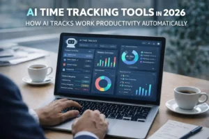 AI time tracking dashboard monitoring work productivity and task duration on laptop