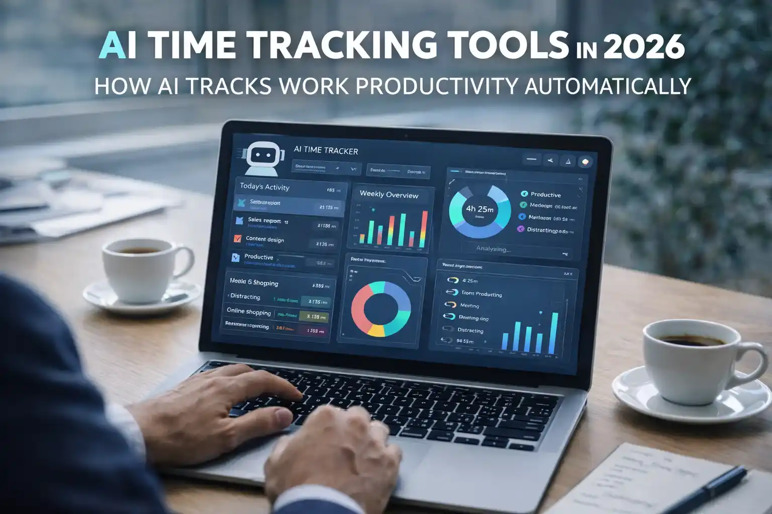 AI time tracking dashboard monitoring work productivity and task duration on laptop