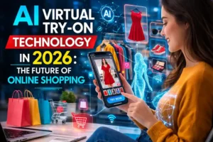 AI virtual try on technology allowing a shopper to digitally try clothes and accessories using augmented reality on a smartphone