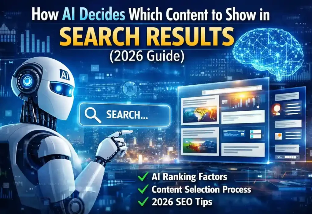 How AI decides search results in 2026 showing AI content selection and ranking process illustration