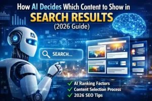 How AI decides search results in 2026 showing AI content selection and ranking process illustration
