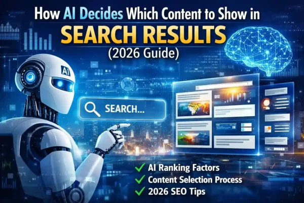 How AI decides search results in 2026 showing AI content selection and ranking process illustration