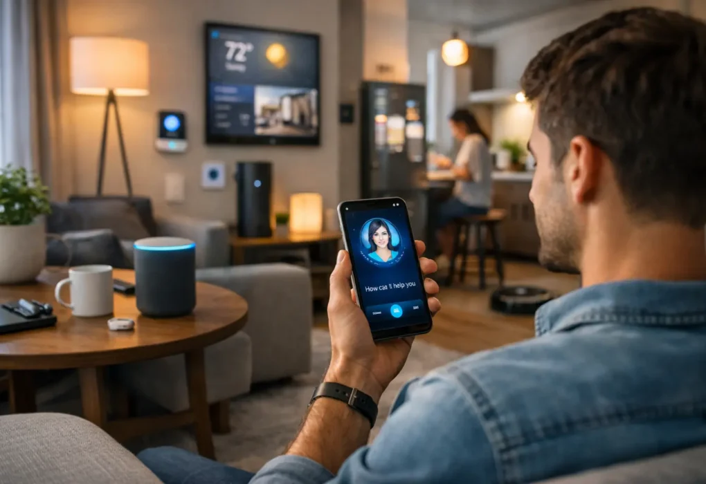 How AI Is Changing Everyday Life in 2026 showing artificial intelligence assistant used in a modern smart home environment