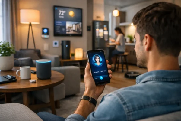 How AI Is Changing Everyday Life in 2026 showing artificial intelligence assistant used in a modern smart home environment