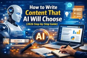 How to write content for AI search in 2026 showing AI content writing process and search optimization concept