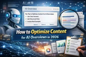 Optimize content for AI overviews 2026 showing AI search results structured content and SEO optimization process