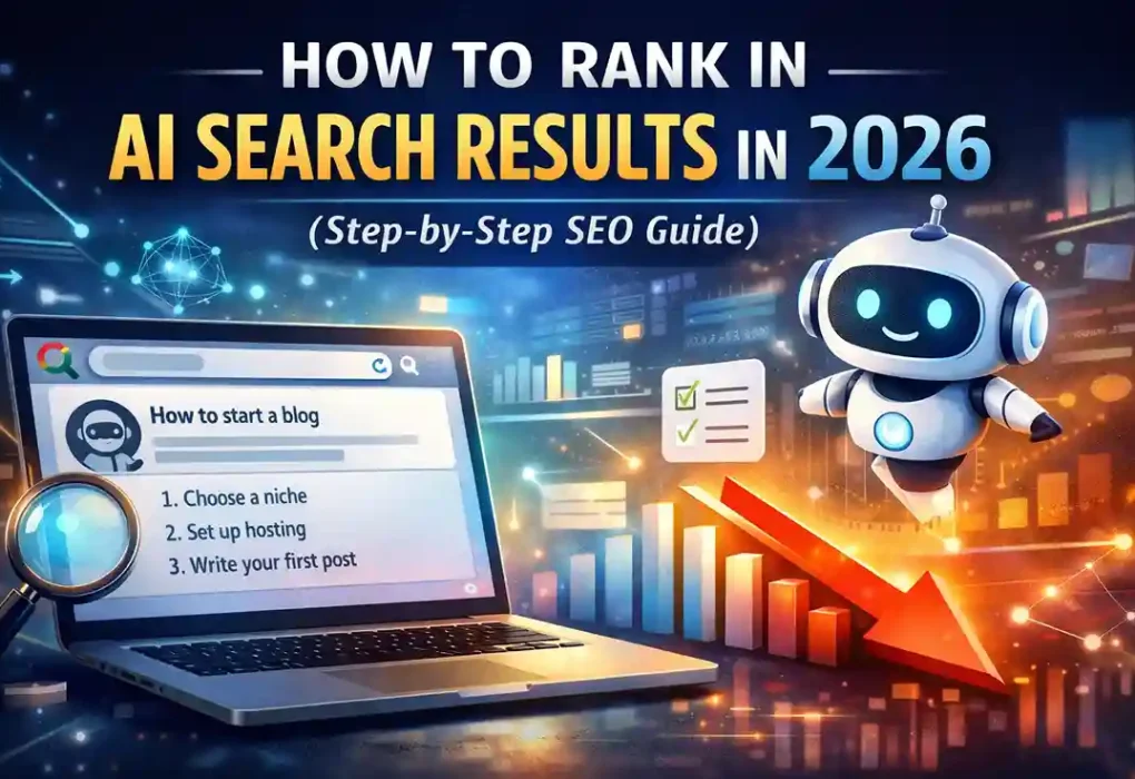 How to rank in AI search results in 2026 showing AI-powered search, SEO strategy, and declining traffic graph