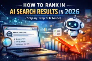 How to rank in AI search results in 2026 showing AI-powered search, SEO strategy, and declining traffic graph