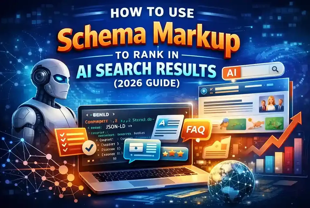 Schema markup for AI search results showing structured data, JSON-LD code, and AI-driven search interface