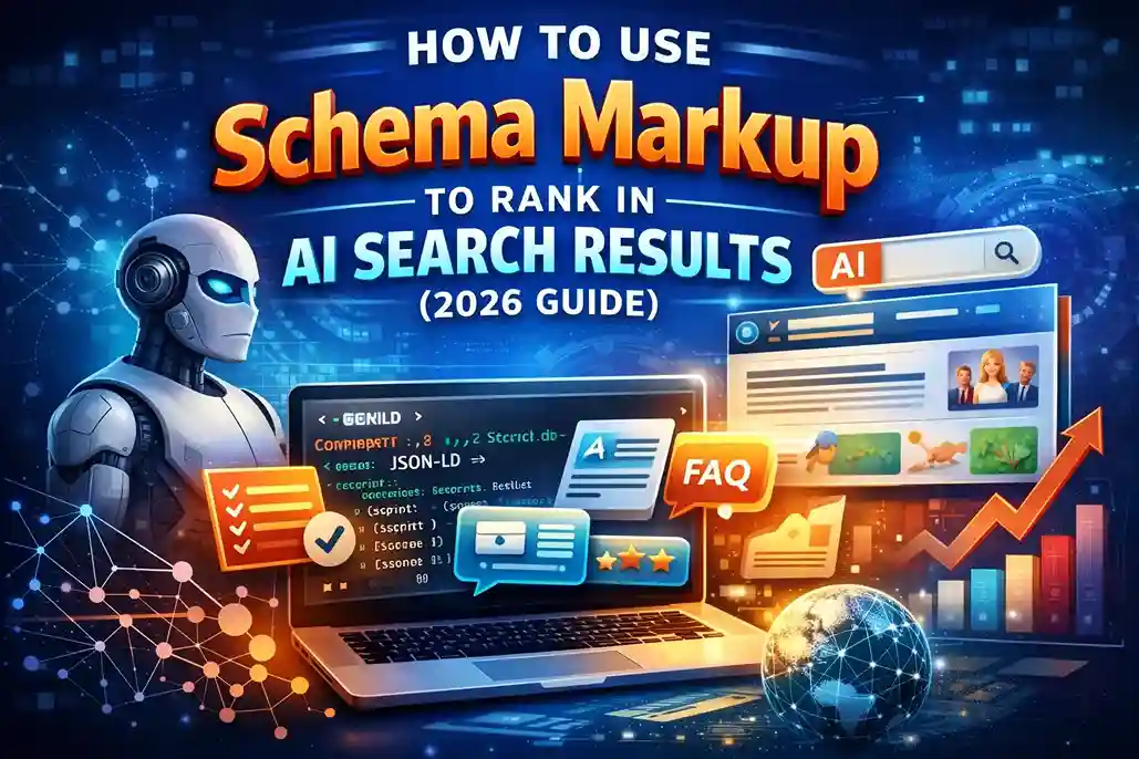 Schema markup for AI search results showing structured data, JSON-LD code, and AI-driven search interface