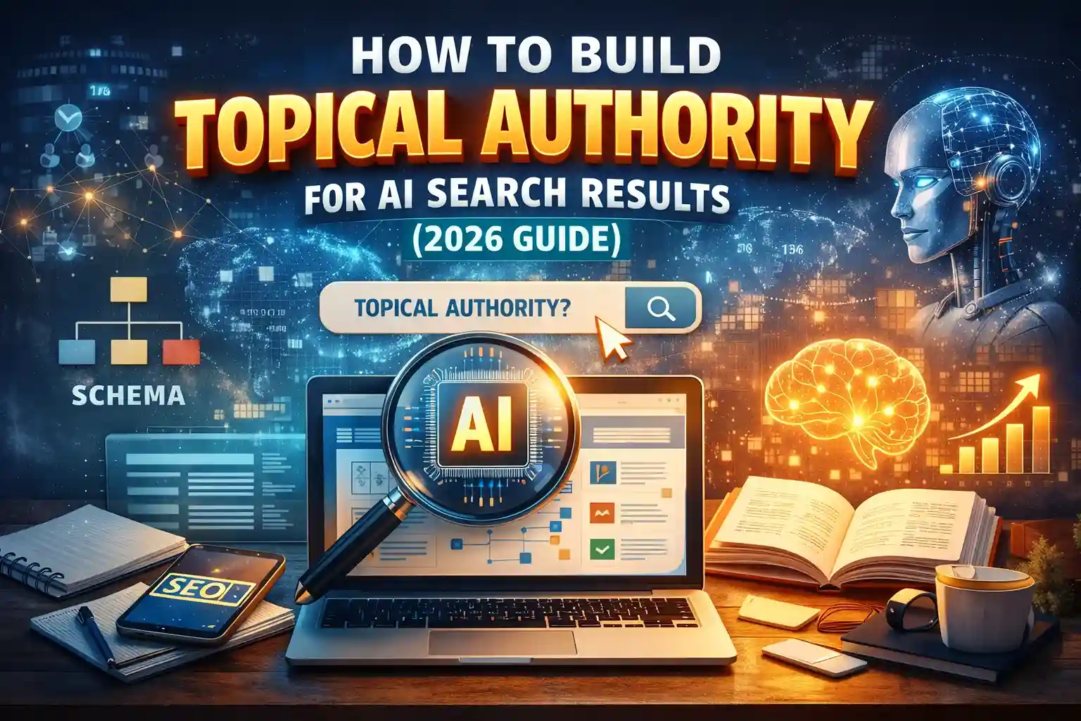 Topical authority for AI search results showing content clusters, internal linking, and AI-driven search optimization