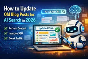 Update old blog posts for AI search 2026 showing content refresh SEO optimization and AI search performance