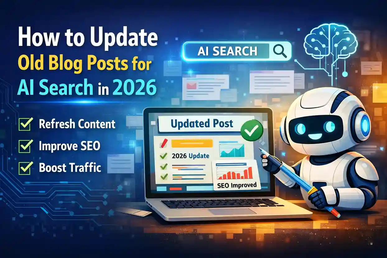 Update old blog posts for AI search 2026 showing content refresh SEO optimization and AI search performance