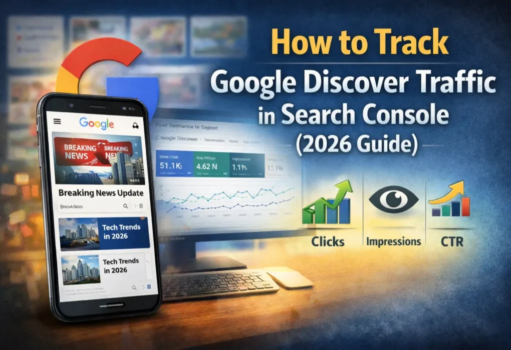 Google Discover traffic tracking in Search Console showing clicks impressions CTR analytics dashboard and mobile feed