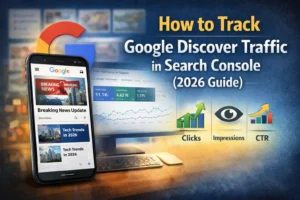Google Discover traffic tracking in Search Console showing clicks impressions CTR analytics dashboard and mobile feed
