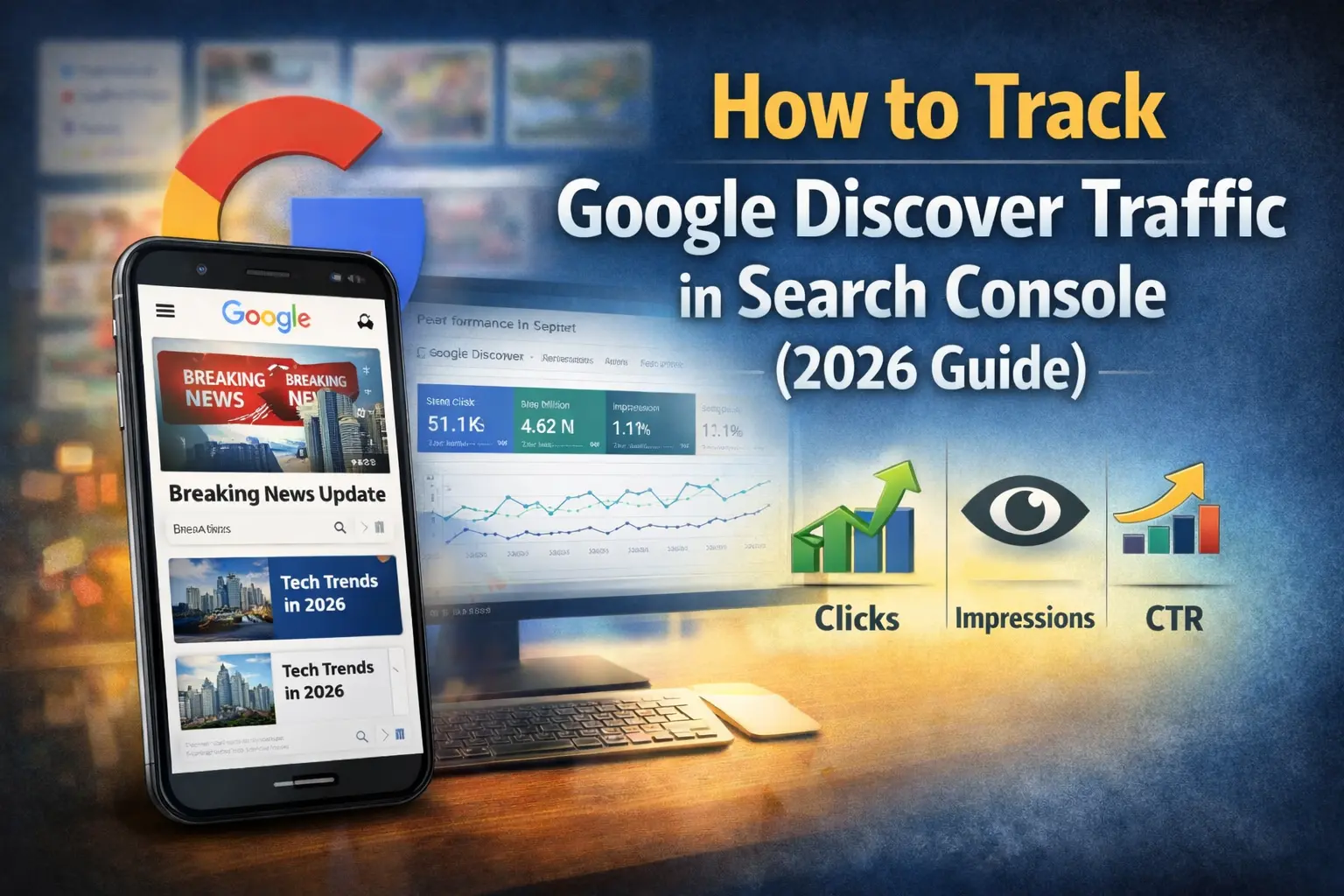 Google Discover traffic tracking in Search Console showing clicks impressions CTR analytics dashboard and mobile feed