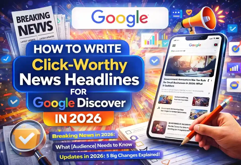 Click-worthy news headlines for Google Discover showing mobile feed, breaking news design, and headline writing strategy