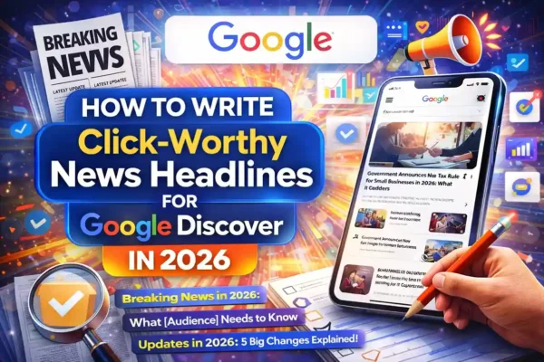 Click-worthy news headlines for Google Discover showing mobile feed, breaking news design, and headline writing strategy