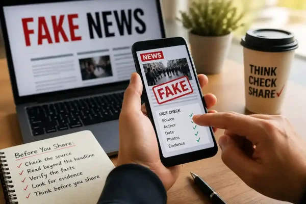 How to spot fake news before sharing on mobile with fact-check checklist and fake news warning