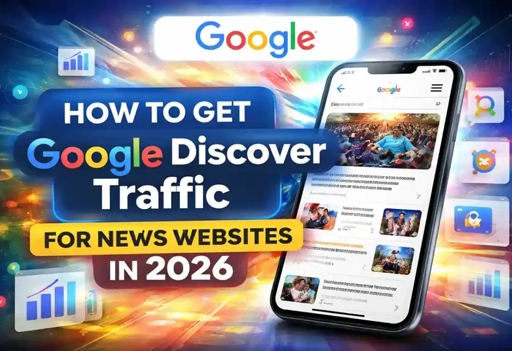 Google Discover traffic for news websites showing mobile feed, news cards, and AI-driven content recommendations