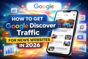 Google Discover traffic for news websites showing mobile feed, news cards, and AI-driven content recommendations